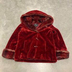 Terry Lewis Classic Luxuries Red Faux Fur Hooded Toggle Jacket Womens Medium